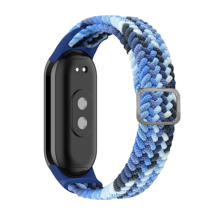 Adjustable braided elastic watch band in blue and light blue with adjustable metal clasp