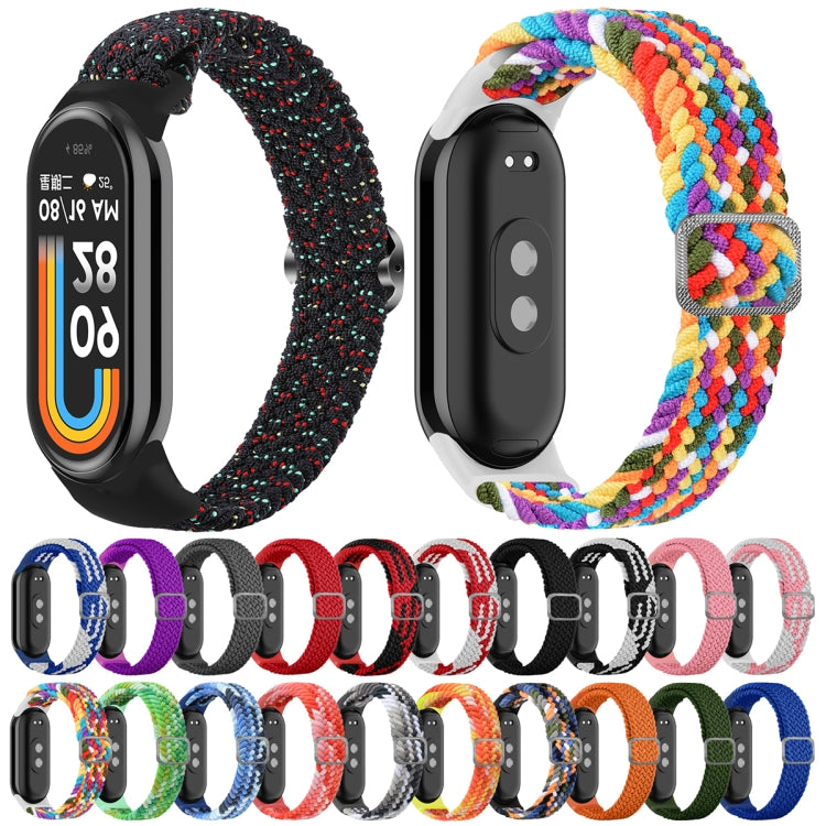 Nylon braided elastic watch bands in black red speckle and rainbow colors for Mi Band 8