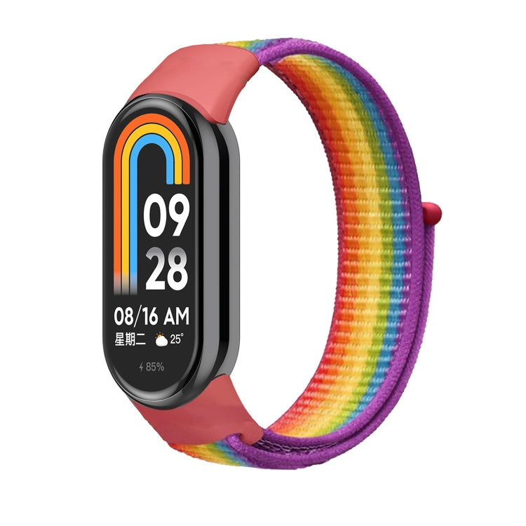 Loop nylon watch band in rainbow gradient with purple edges