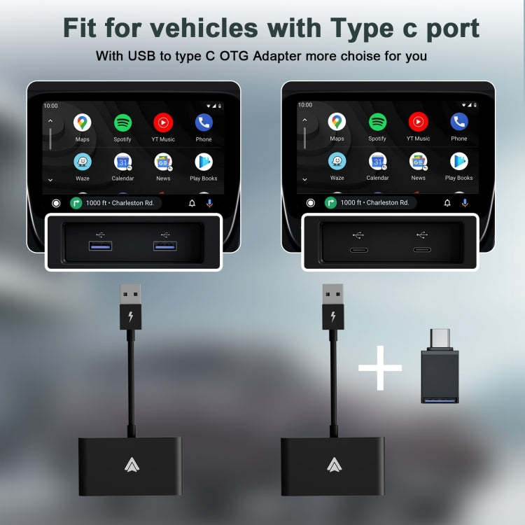 Two black USB-to-Type-C CarPlay adapter modules with connecting cables