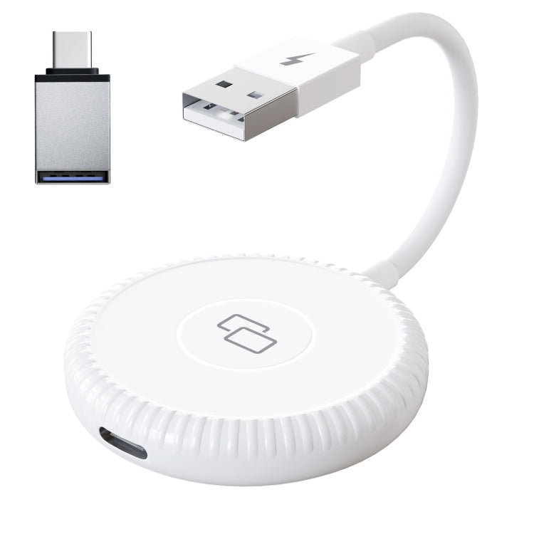 White CarPlay mirror adapter puck with USB-A plug and cable