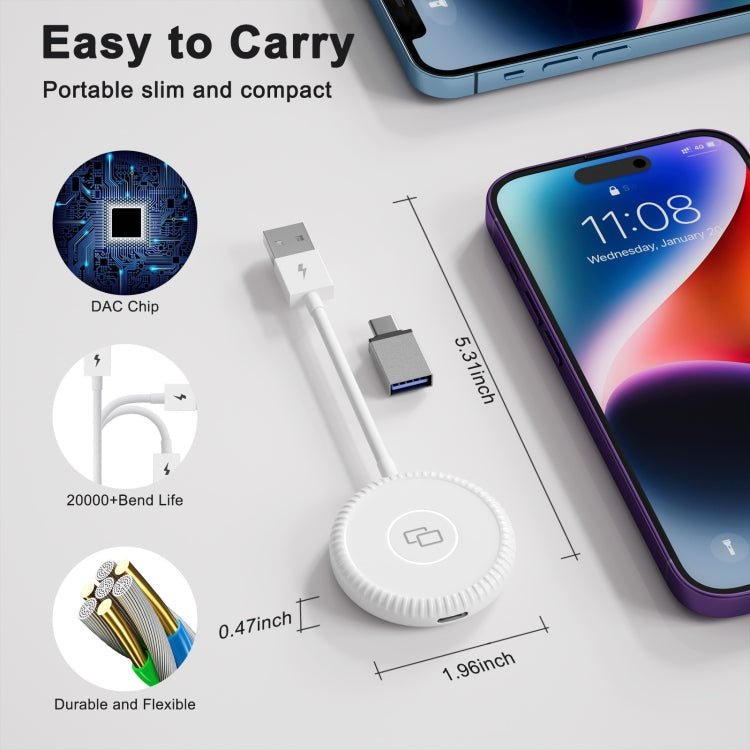 Compact white CarPlay mirror adapter puck with USB connectors and cable