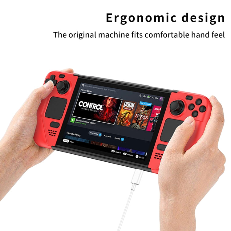 Red anti-fall Steam Deck protective shell case held in two hands