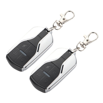 Two-button wireless key remote fobs, black with silver trim and key rings