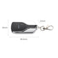 Wireless key remote fob with key ring, black and silver, side view with dimensions