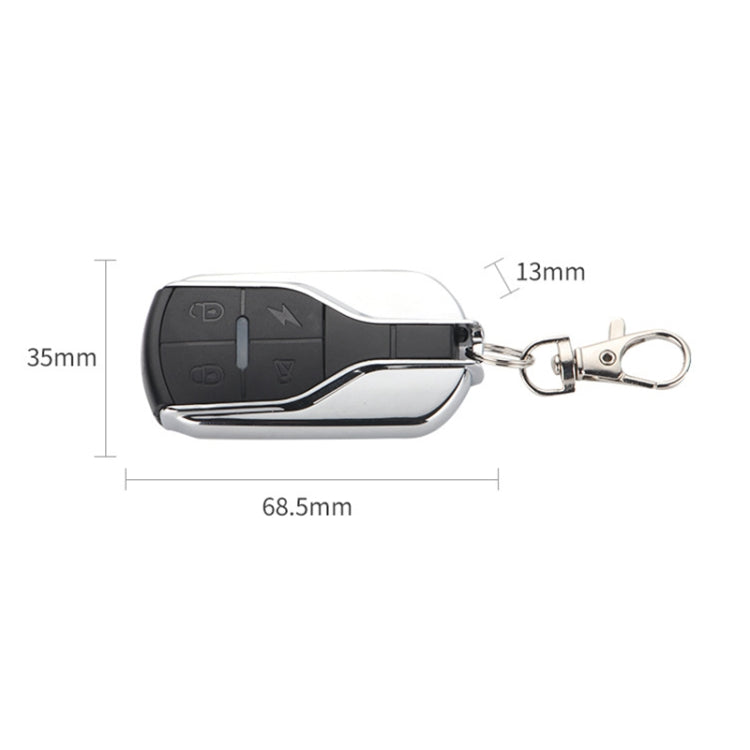 Wireless key remote fob with key ring, black and silver, side view with dimensions