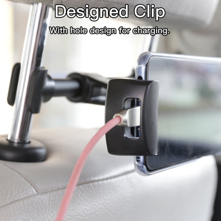 Seat mount clip with cable charging cutout on tablet holder, black