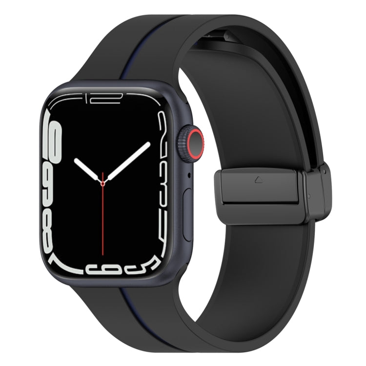 Silicone watch band with folding buckle, black with blue accent, for Apple Watch