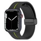 Two-color silicone watch band with folding buckle, black and lime green.