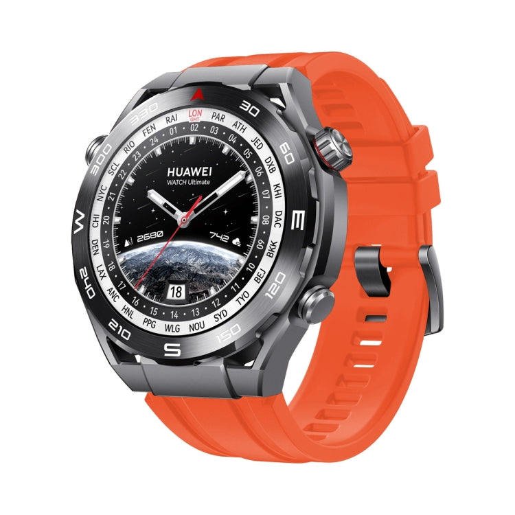 Orange silicone watch strap with adjustable holes and snap buckle clasp