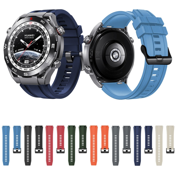 Silicone watch bands with buckles, shown in blue, black, red, green, orange, grey, beige
