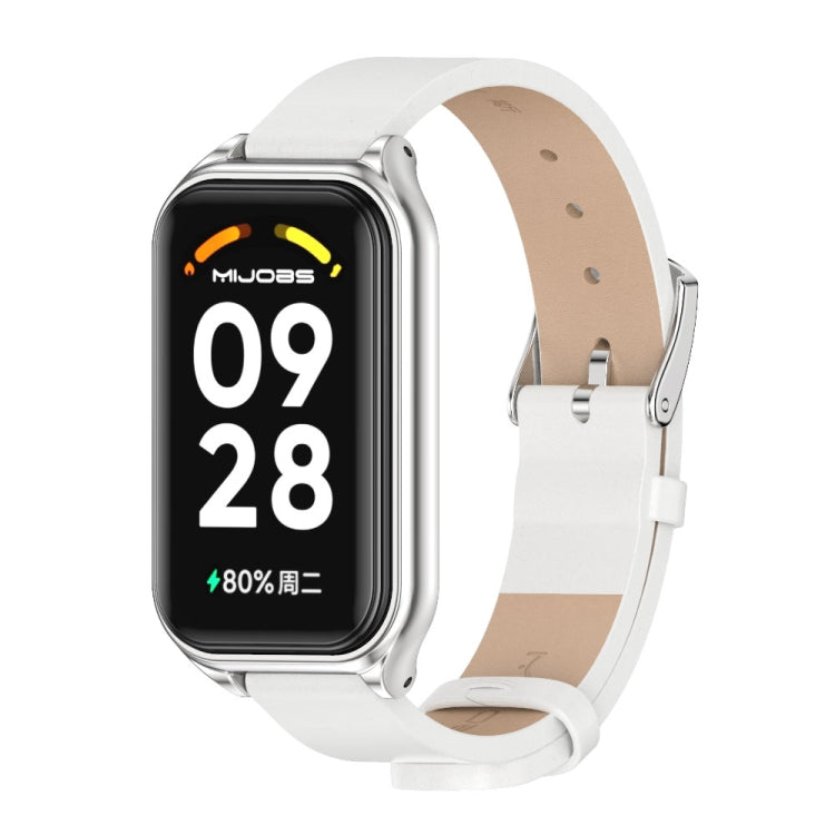 White PU leather smartwatch band with metal shell, silver-toned watch case