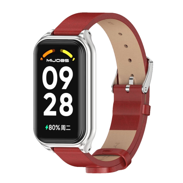 Red PU leather smartwatch band with metal shell, rose-gold toned case, digital display