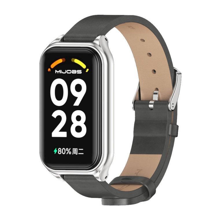 Black PU leather smartwatch band with metal shell, silver-toned watch case, dark display