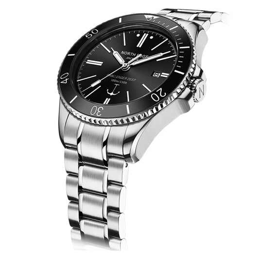 Men's mechanical dive watch with black dial and silver stainless steel bracelet