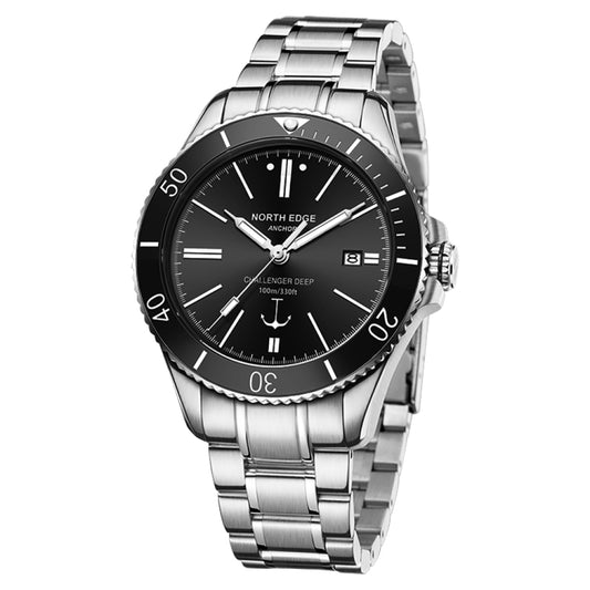Men's waterproof mechanical anchor diver watch with black dial and stainless steel bracelet