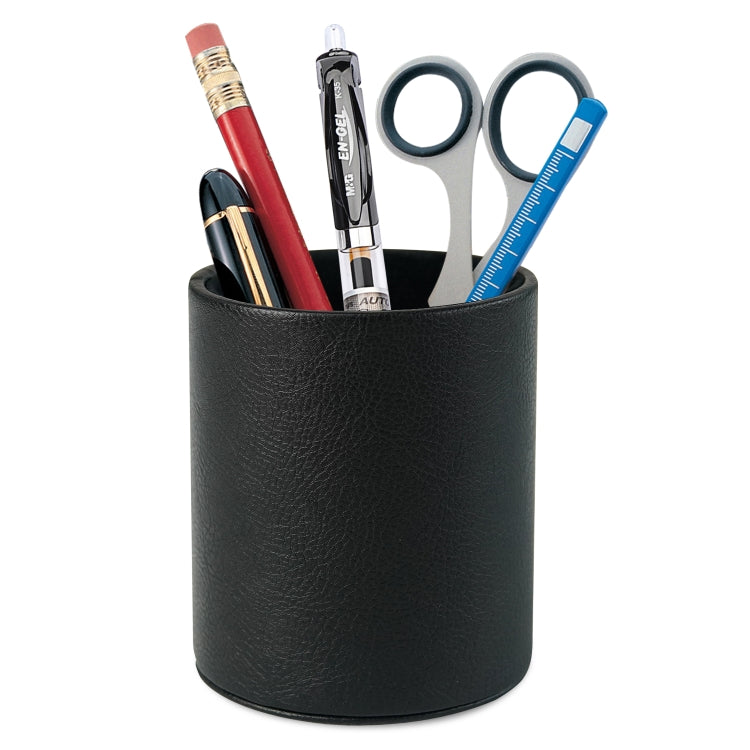 Black PU leather pen holder cup with pens, scissors, and stationery supplies