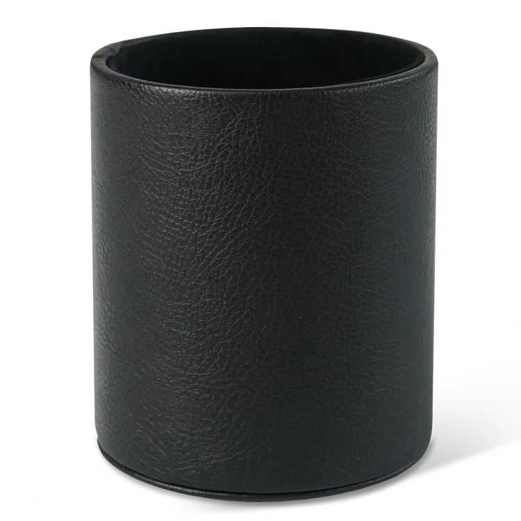 Black PU leather desktop pen holder cup, cylindrical with textured surface