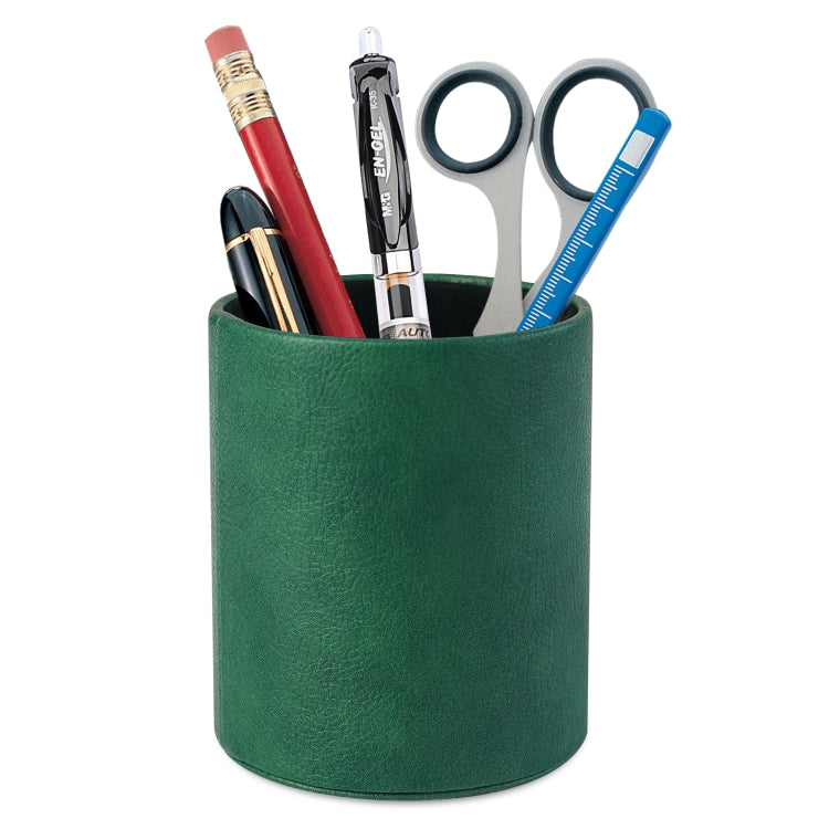 Dark green PU leather pen holder cup with pens, scissors, and measuring tape
