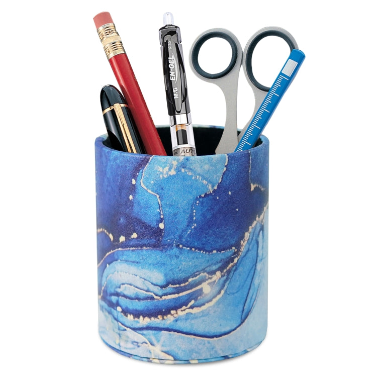 Blue marble PU leather pen holder cup with pens, scissors, and tape measure
