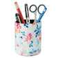 Floral PU leather pen holder, round cylinder with light blue and multi-color flowers