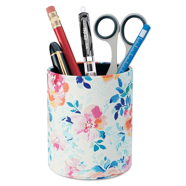 Floral PU leather pen holder, round cylinder with light blue and multi-color flowers