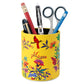 Floral PU leather pen holder, round cylinder with yellow background and colorful birds and blooms