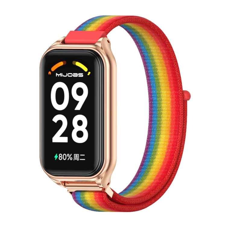 Rainbow nylon loop watch band with rose-gold metal watch case and clasp
