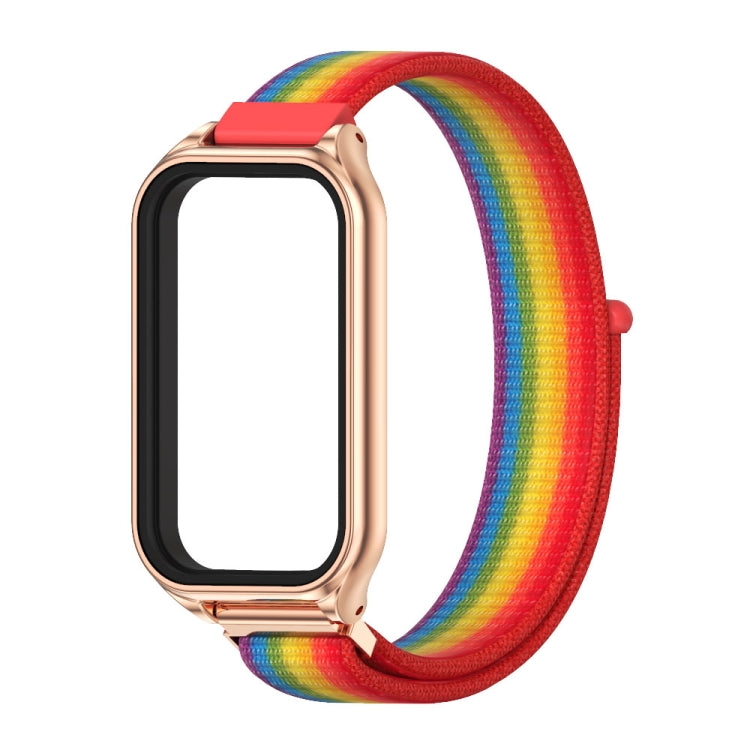 Rainbow nylon loop watch band with rose-gold metal watch case, blank display