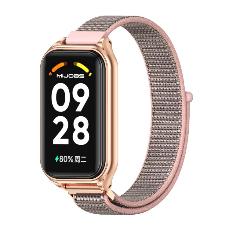 Gray mesh nylon loop watch band with rose-gold metal watch case and buckle