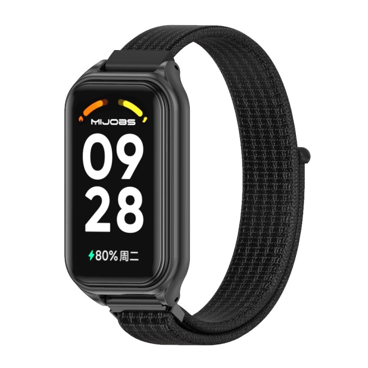 Black nylon loop watch band with black metal watch case and side buckle