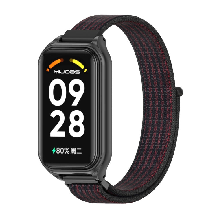 Black nylon loop watch band with red trim and black metal watch case