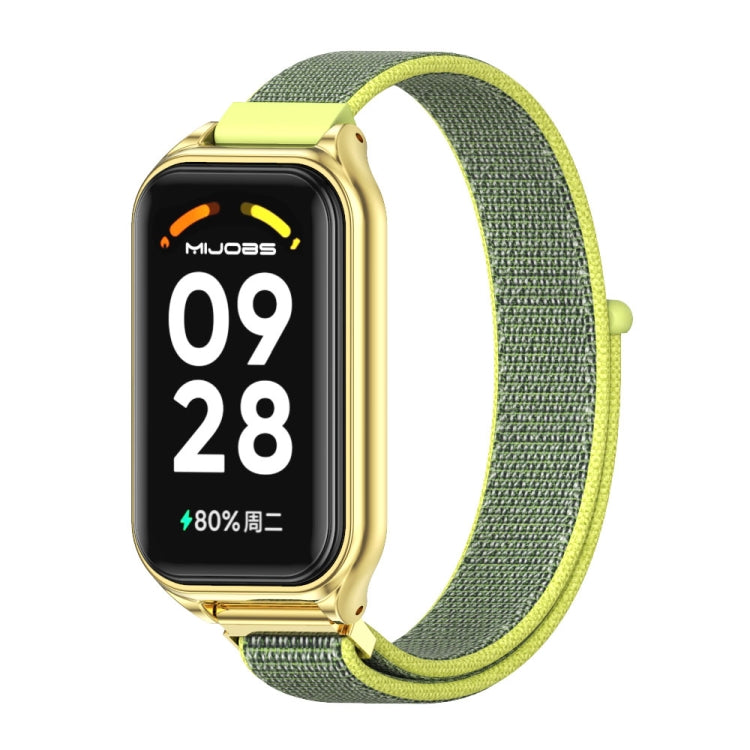 Green mesh nylon loop watch band with gold metal watch case and clasp