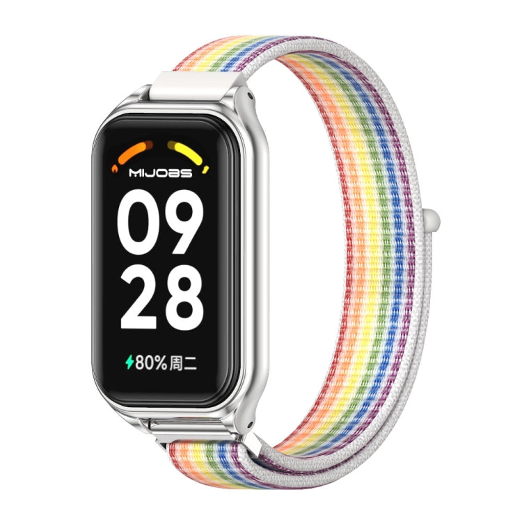 Rainbow nylon loop watch band with silver metal watch case and buckle