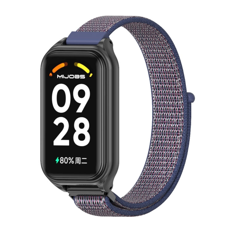 Navy mesh nylon loop watch band with black metal watch case and clasp
