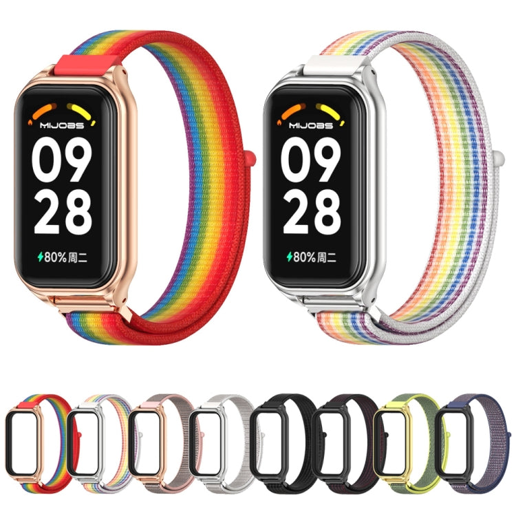 Metal shell smart band with rainbow nylon loop, rose gold display case, adjustable fit