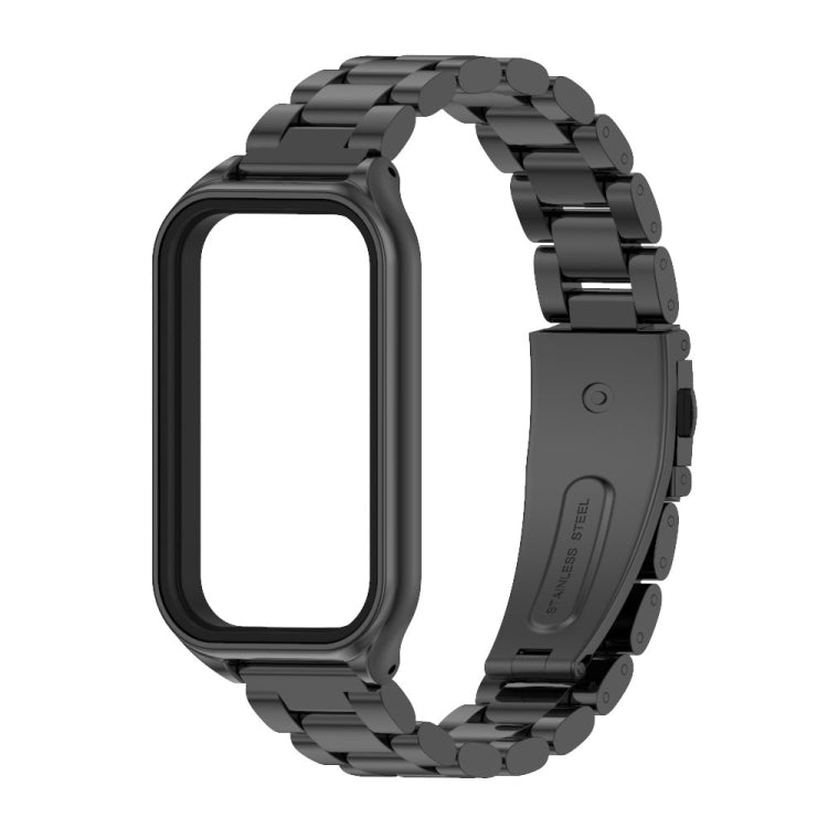 Black metal three-bead watch band with smartwatch and linked clasp, blank screen