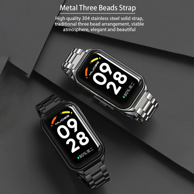 Two smartwatches with metal three-bead stainless steel straps in silver and black