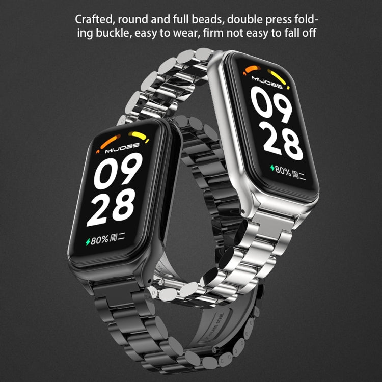Metal three-bead stainless steel watch bands on two linked watches, black and silver