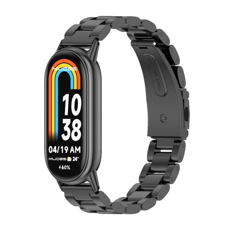 Black three-bead stainless steel watch band with link links and clasp, on smartwatch