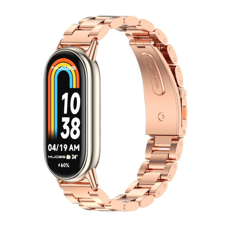 Rose gold three-bead stainless steel watch band with round link accents, on smartwatch