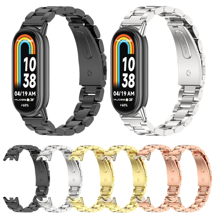 Set of metal three-bead watch bands in black, silver, gold, and rose gold on smartwatch