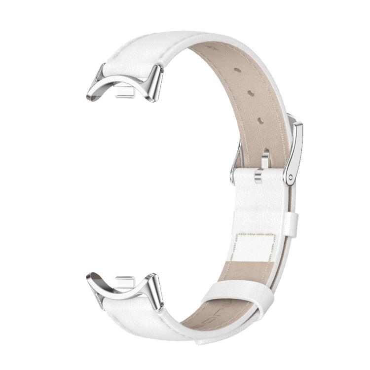 Genuine leather watch band with white strap and silver-tone buckle, front-facing view