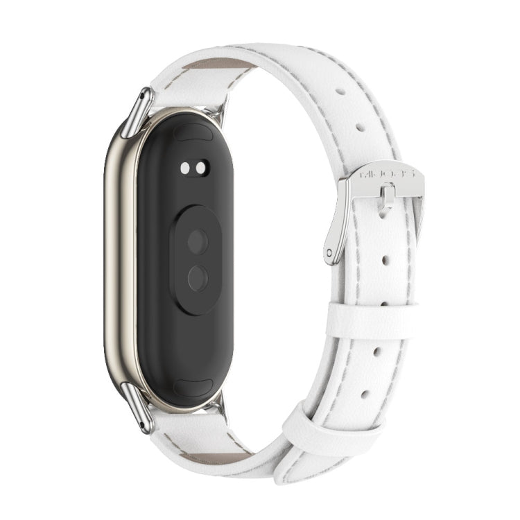 Genuine leather watch band with white strap and silver-tone buckle, device side view