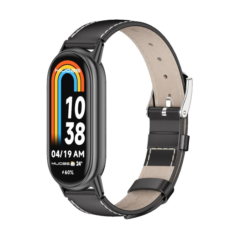 Genuine leather watch band with black strap and silver-tone clasp for smart watch
