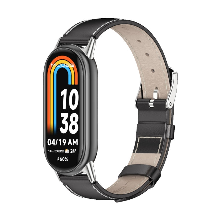 Genuine leather watch band with black strap and silver-tone buckle, front view