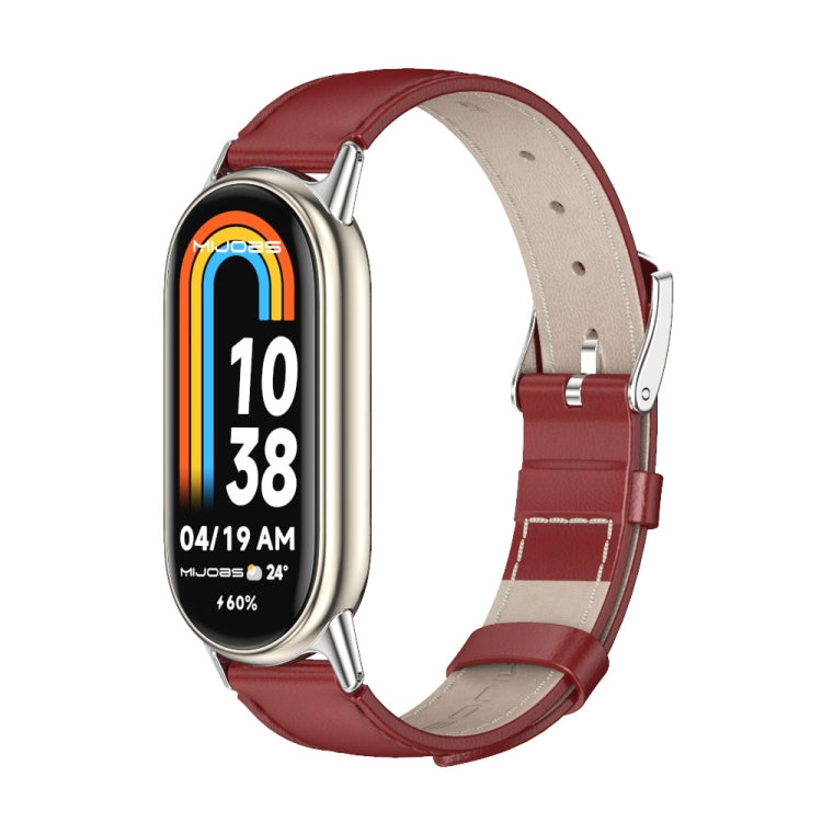 Genuine leather watch band with red strap and silver-tone buckle, front view
