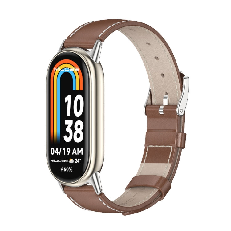 Genuine leather watch band with brown strap and silver-tone buckle, front view