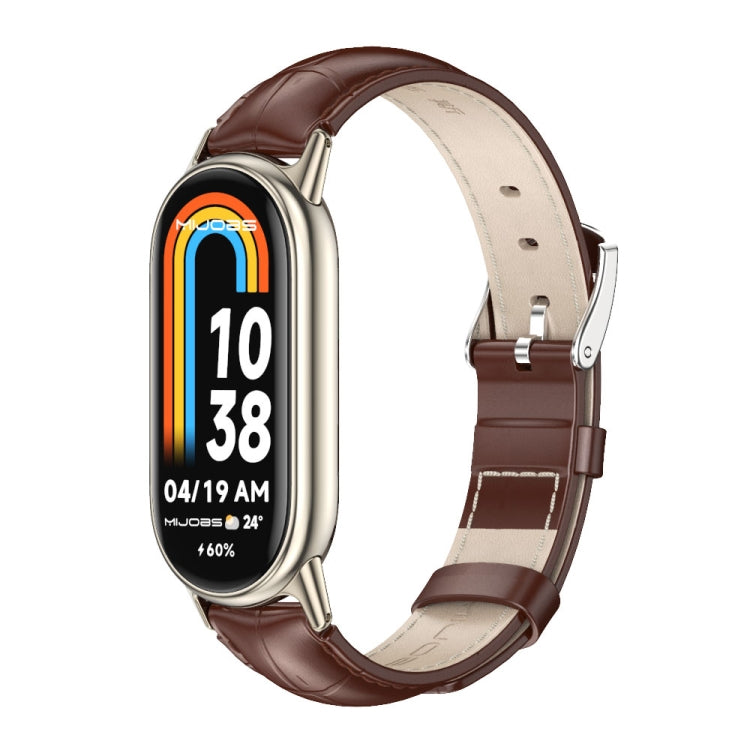 Genuine leather watch band with dark brown strap and silver-tone clasp for smart watch
