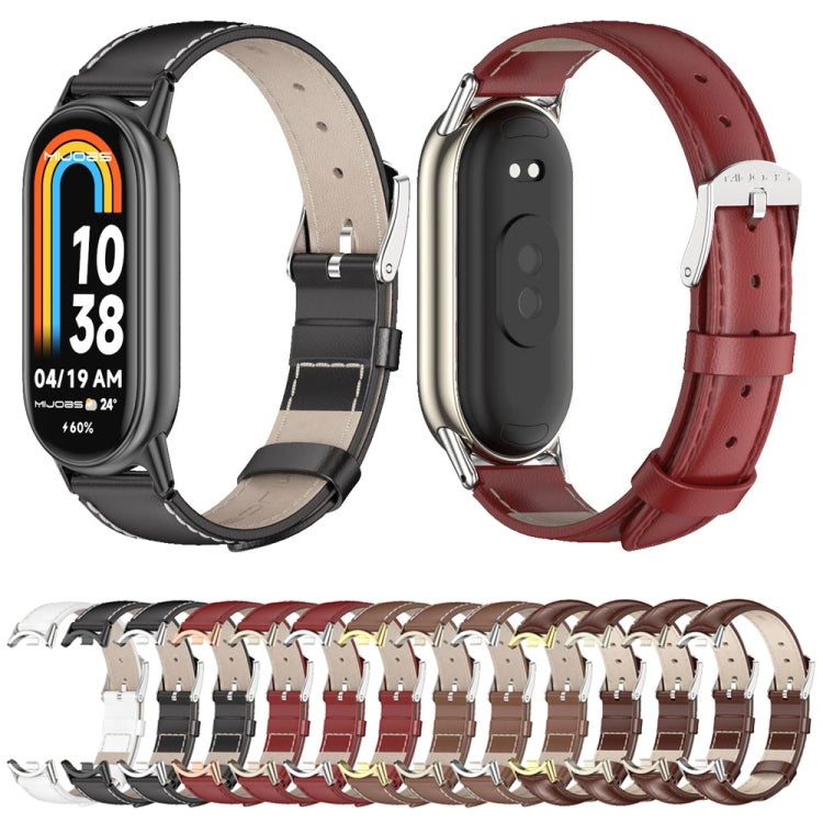 Black and red genuine leather smartwatch bands with silver buckles, side view